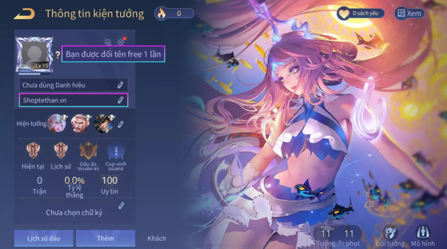 [SALE] Acc Reg Liên Quân Butterfly kim ngư thần nữ, free đổi tên, trắng thông tin